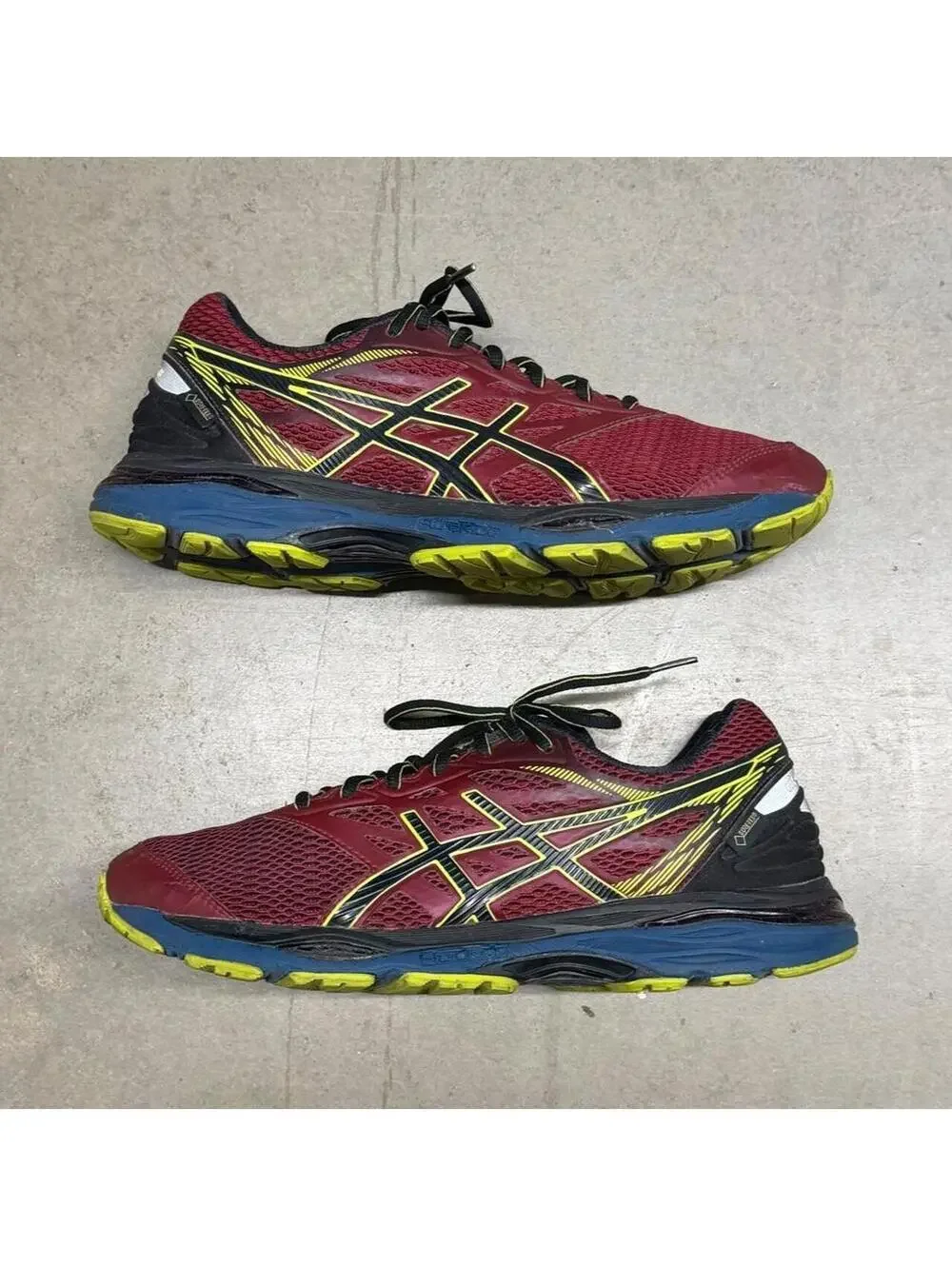 ASICS Gel-Cumulus 18 GTX Gore-Tex Burgundy/Yellow/Black/Blue Running Shoes 10.5M